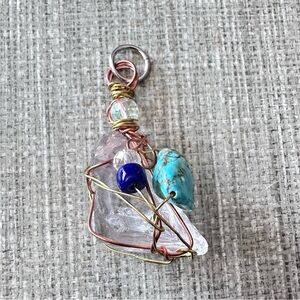 Clear Crystal Quartz Artisan Silver Wire-Wrapped Necklace with beaded accent